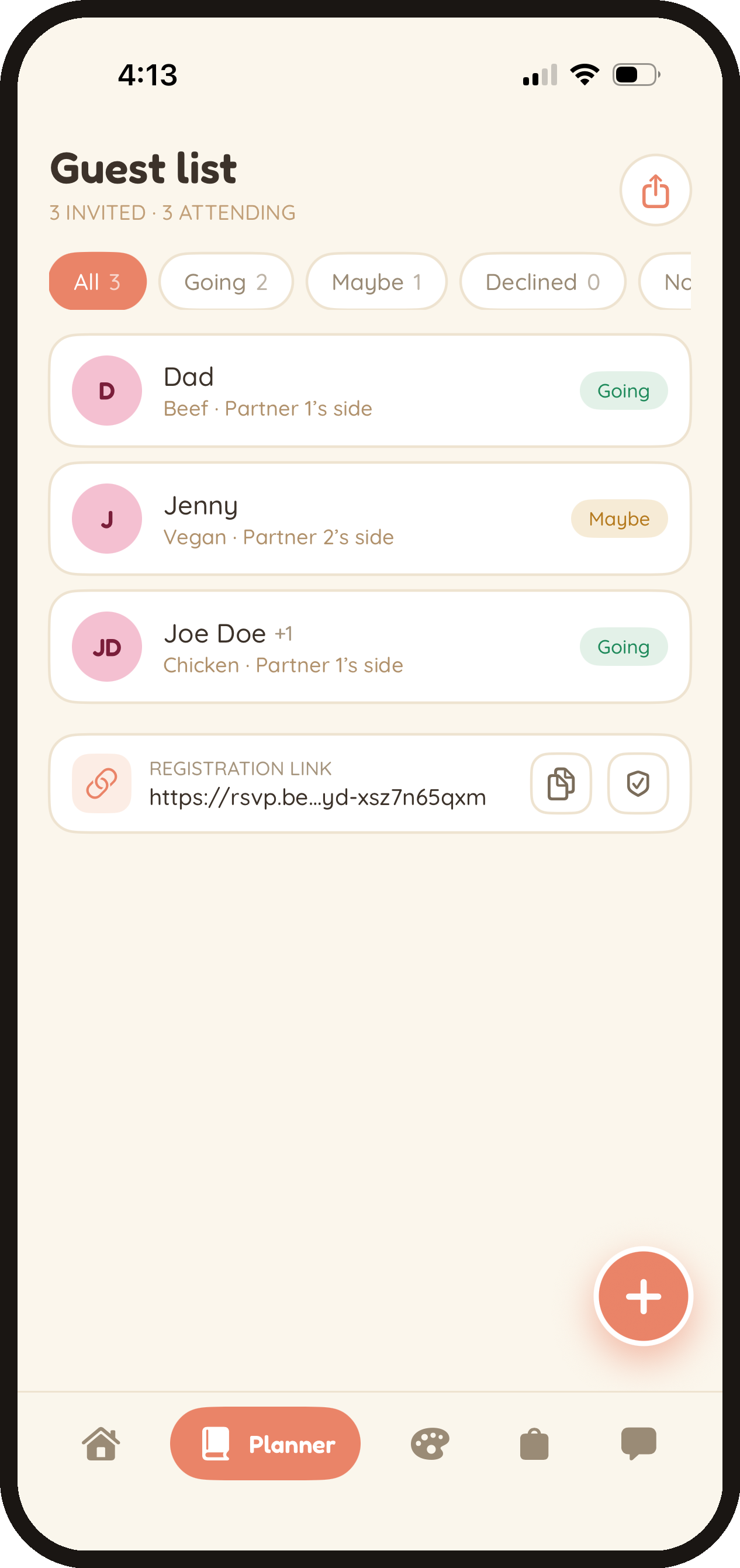 Better Planner Guest List screen